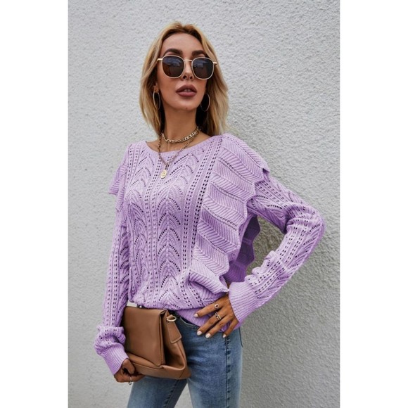 Openwork Round Neck Ruffled Sweater - Picture 5 of 16